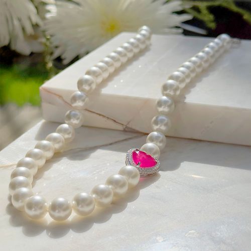 Colar coração fusion turmalina rosa pérola shell 43 cm banho de ródio branco