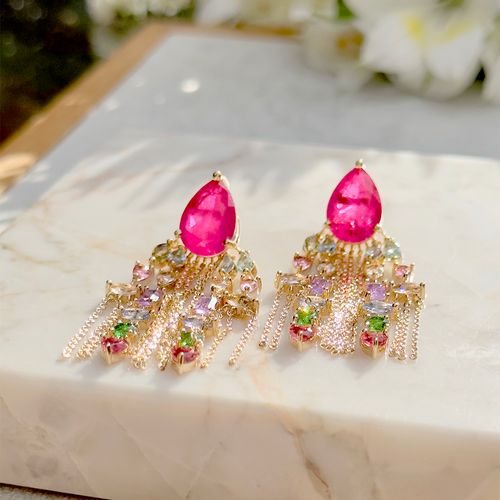 Brinco gota franja cravejada fusion turmalina rosa banho de ouro 18k
