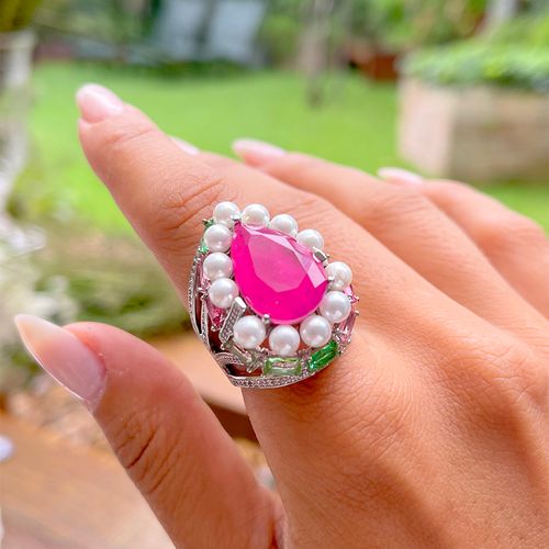 Anel gota pérola shell fusion turmalina rosa banho de ródio branco