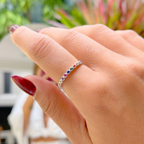 Anel trilho bolinhas zircônias coloridas prata 925