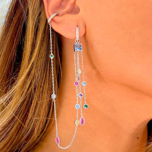 Brinco ear chain cristal tanzanita banho de ródio branco