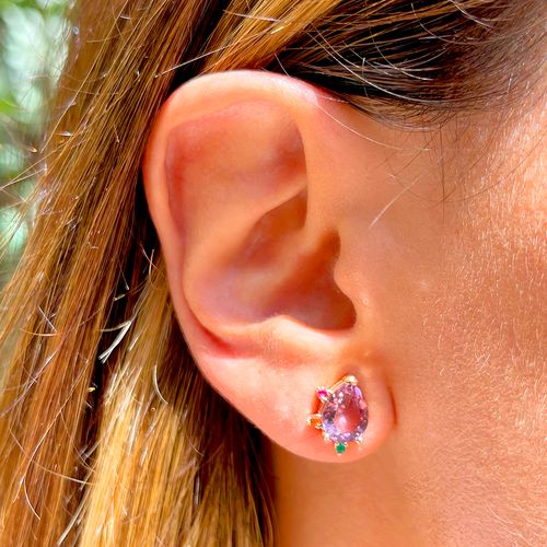 Brinco gota cristal ametista zircônia colorida banho de ouro 18k