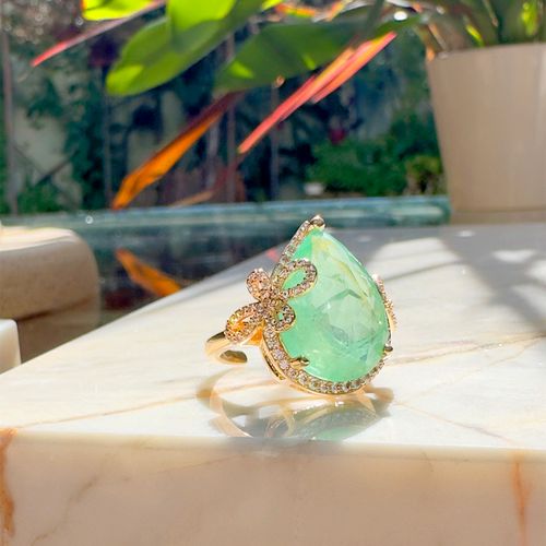 Anel gota fusion esmeralda colombiana banho de ouro 18k