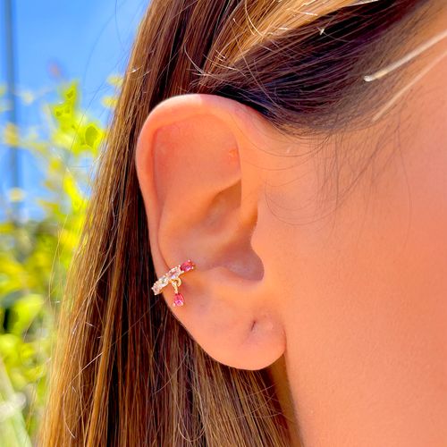 Piercing ovais gota cristal turmalina rosa banho de ouro 18k