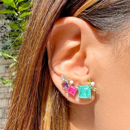 Brinco ear cuff quadrados fusion turmalina rosa prata 925