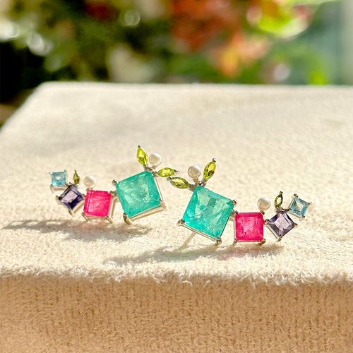 Brinco ear cuff quadrados fusion turmalina rosa prata 925