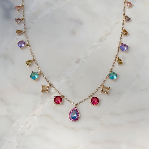 Colar formas penduradas cristal paraíba 55 cm banho de ouro 18k
