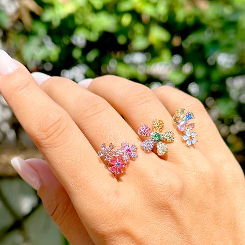 Anel duplo flores cristal opala banho de ouro 18k