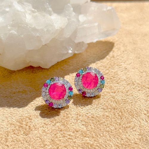 Brinco redondo fusion turmalina rosa prata 925