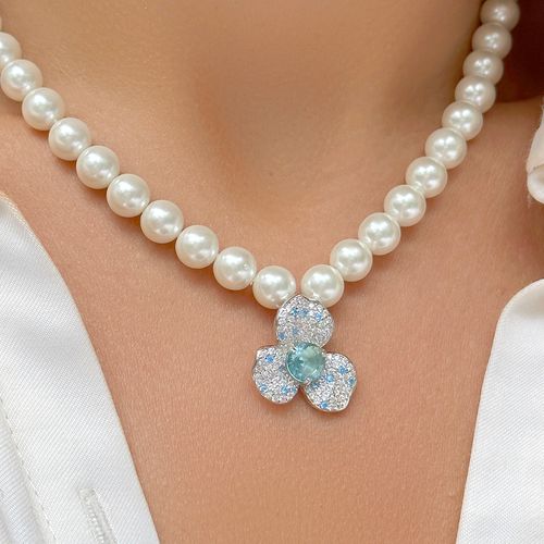 Colar pérola shell flor de cristal topázio azul prata 925