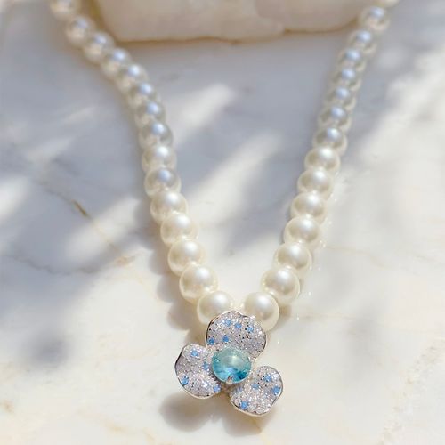 Colar pérola shell flor de cristal topázio azul prata 925