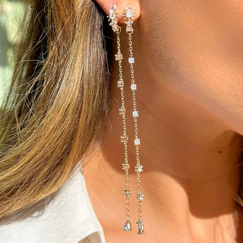 Brinco corrente zircônia branca banho de ouro 18k