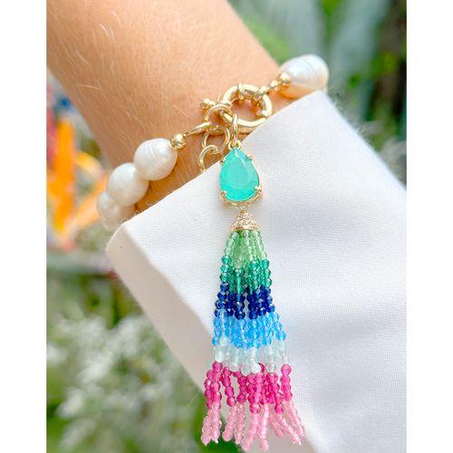Pulseira franja fusion turmalina pérola barroca 23cm banho de ouro 18k