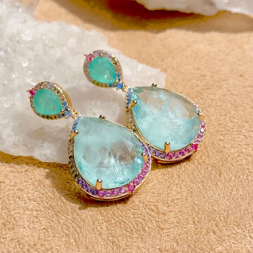 Brinco gota grande fusion turmalina light zircônias coloridas banho de ouro 18k (promoção 50%)