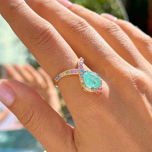 Anel gota fusion turmalina zircônia colorida banho de ouro 18k