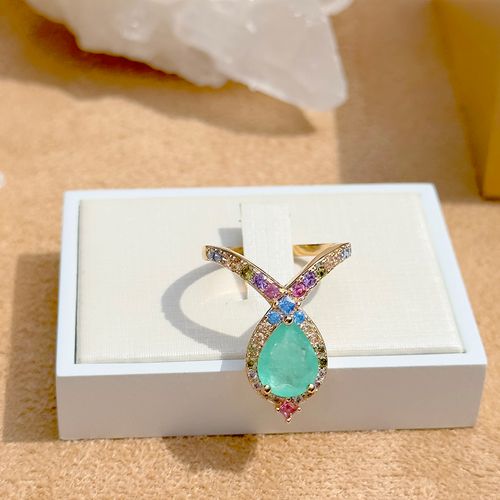 Anel gota fusion turmalina zircônia colorida banho de ouro 18k