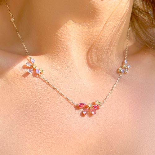 Colar flores em gotas cristal de turmalina rosa 55cm banho de ouro 18k
