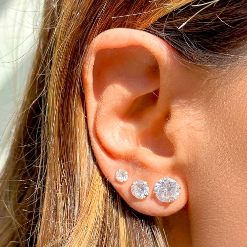 Kit de Brincos Zircônia Branca 3 Pares - 4mm-6mm-8mm- Banho de Ouro 18K
