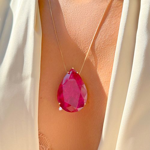 Colar gota de fusion turmalina rosa ponto de zircônia branca banho de ouro 18k