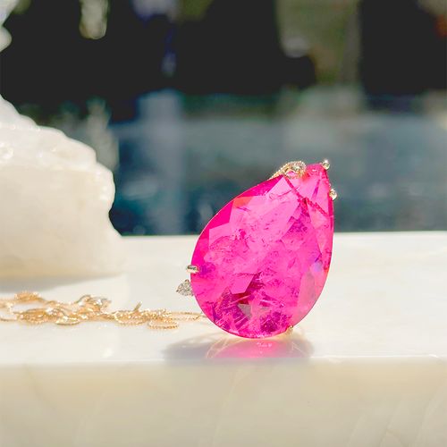 Colar gota de fusion turmalina rosa ponto de zircônia branca banho de ouro 18k