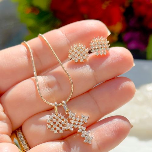 Conjunto floco de neve zircônia branca 50cm banho de ouro 18k