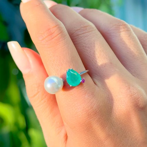 Anel de pérola shell fusion esmeralda com zircônia vernelha prata 925