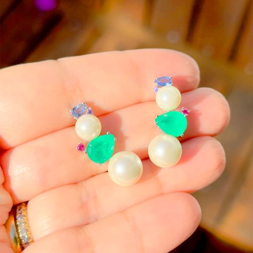 Brinco ear cuff pérola shell fusion esmeralda prata 925