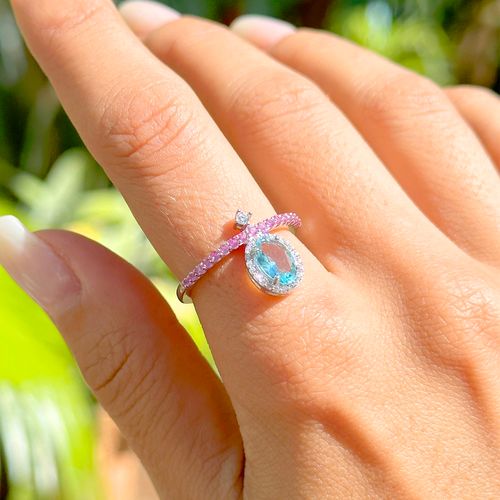 Anel oval cristal topázio azul prata 925