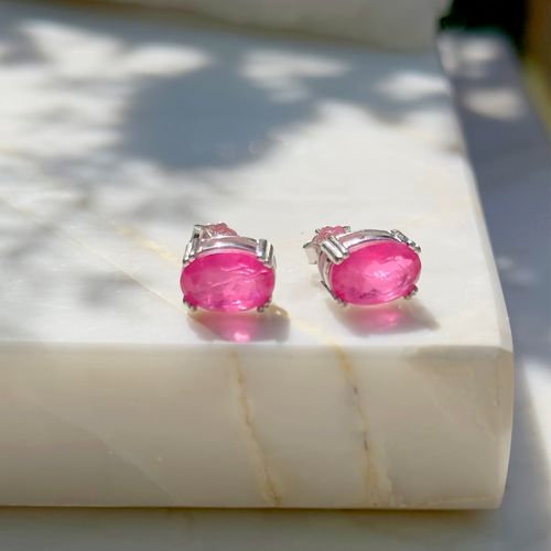 Brinco oval fusion turmalina rosa prata 925