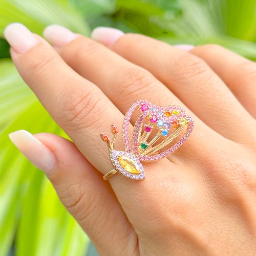Anel borboleta cristal citrino zircônia colorida banho de ouro 18k (super promoção)