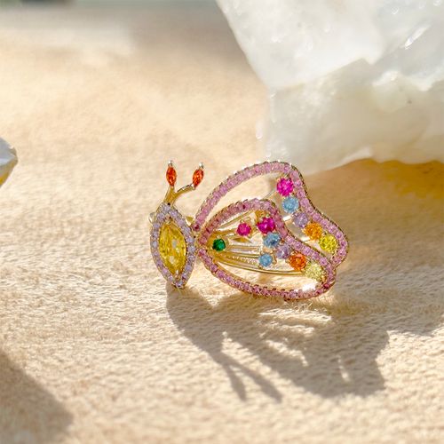 Anel borboleta cristal citrino zircônia colorida banho de ouro 18k (super promoção)