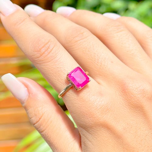 Anel retângulo fusion turmalina rosa banho de ouro 18k