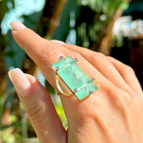 Anel retângulo fusion esmeralda colombiana banho de ouro 18k