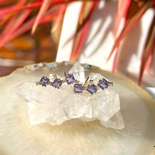 Brinco quadrados cristal ametista banho de ouro 18k