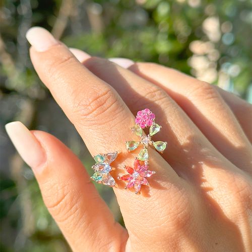 Anel jardim flores borboleta cristal paraíba banho de ouro 18k nano gold