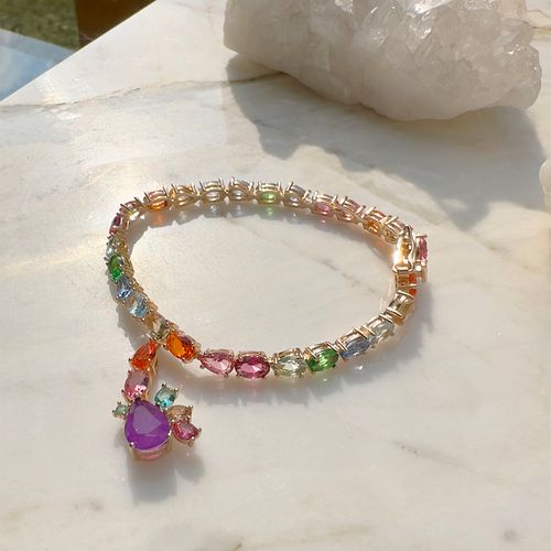 Pulseira pingente gotas fusion ametista 17cm banho de ouro 18k nano gold (promoção 50%)