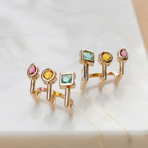 Brinco ear cuff formas cristal paraíba cravação inglesa banho de ouro 18k nano gold