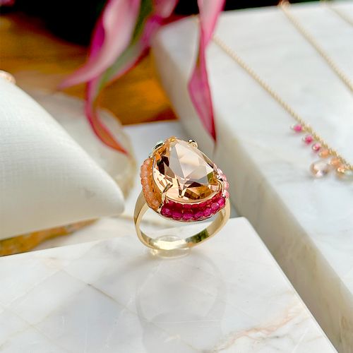 Anel gota bordada cristal morganita banho de ouro 18k nano gold