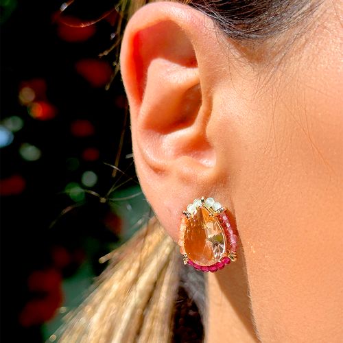 Brinco gota cristal morganita banho de ouro 18k nano gold