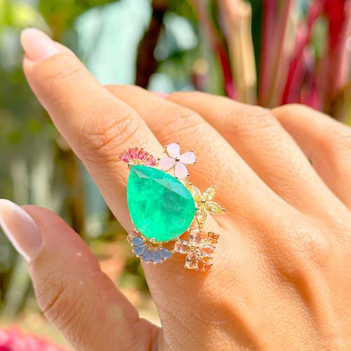 Anel jardim gota fusion esmeralda banho de ouro 18k (promoção 50%)