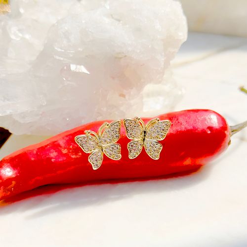 Brinco borboleta zircônia branca banho de ouro 18k nano gold