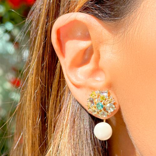 Brinco ear jacket pérola shell cristal topázio azul banho de ouro 18k nano gold (super promoção)