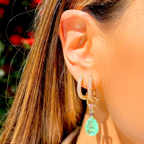 Brinco ear blig fusion esmeralda colombiana banho de ouro 18k