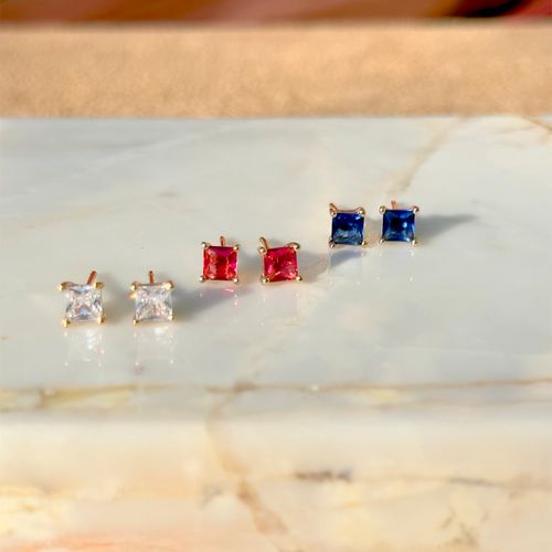 Kit de brincos quadrados cristal safira banho de ouro 18k