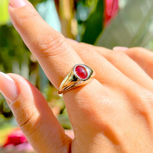 Anel Oval Cristal Turmalina Rosa Banho de Ouro 18K Nano Gold (promoção 50%)
