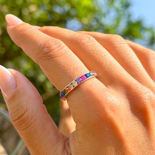 Anel Zirconia Colorida Inteira Cravação Trilho aro 17
