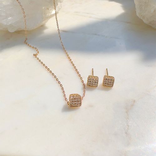 Conjunto brinco colar pingente quadrado zircônia branca banho de ouro 18k nano gold