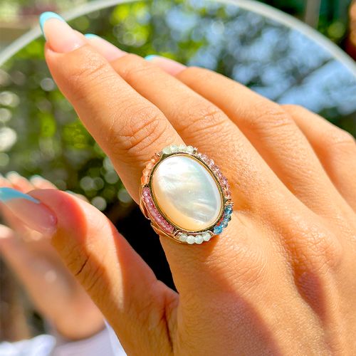 Anel oval madrepérola cristal topázio azul banho de ouro 18k nano gold
