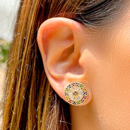 Brinco pizza borda coração zircônia colorida banho de ouro 18k nano gold