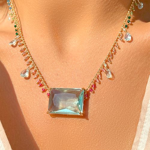 Colar handmade retângulo de cristal topázio azul 48cm banho de ouro 18k